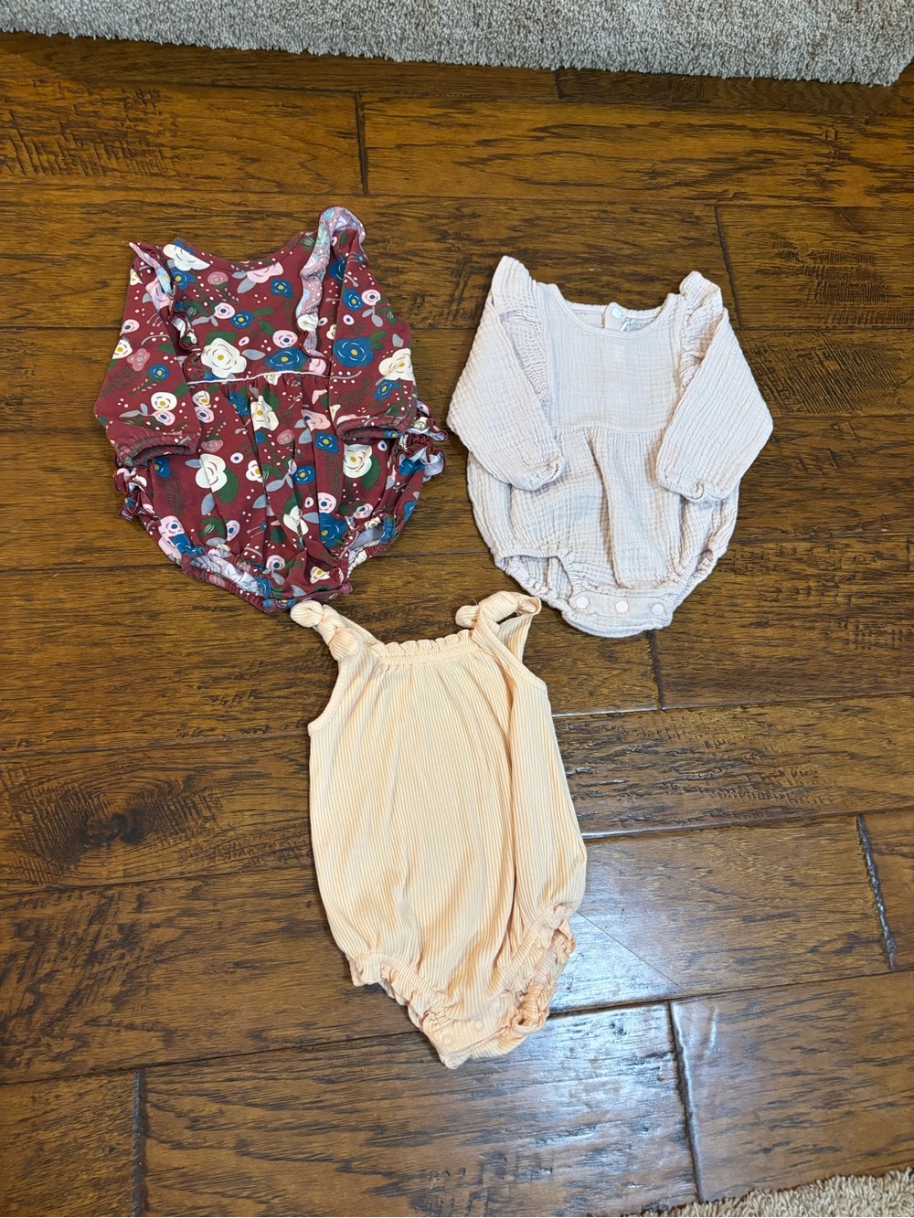 Baby Girl Romper Trio - Floral Burgundy, Cream Gauze, Peacha at Ribbed